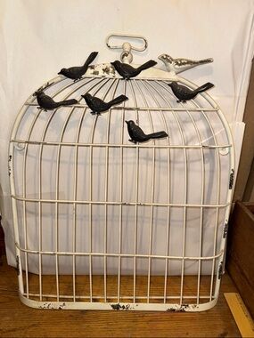 Decorative metal Birdcage Wall Accent - White with Black Birds